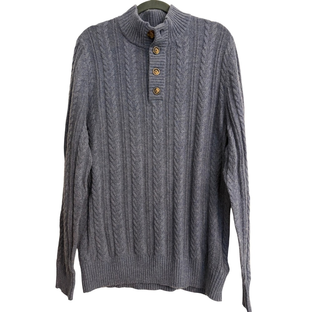 Lachlan British Inspired XL Blue Lambswool Blend Cable Knit Button Sweater